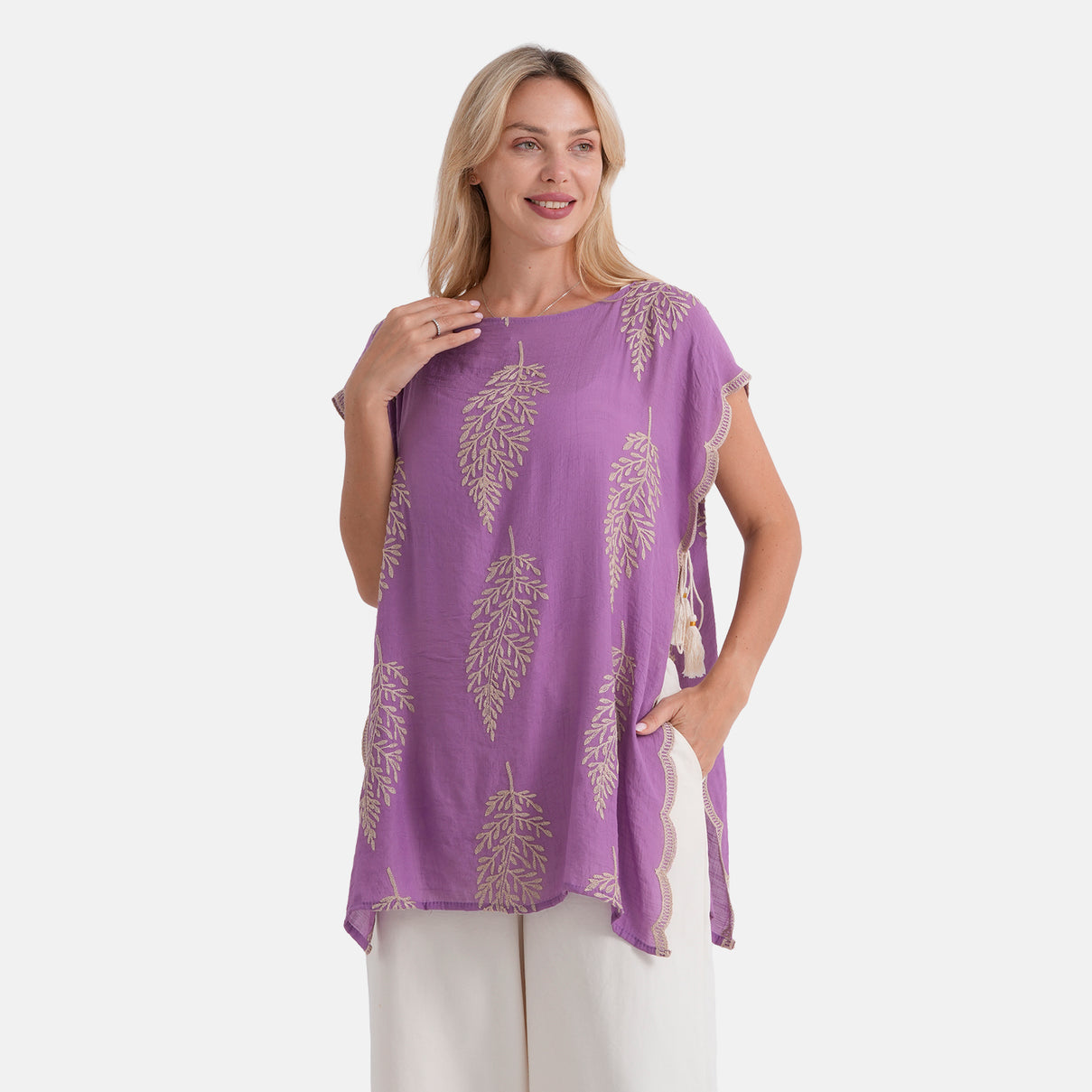 La Marey Botanical Embroidered Tunic Top (One Size) - Purple 8498099 0