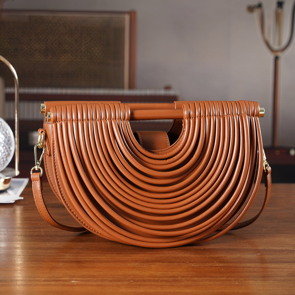 Two-Tone Noodle Designed Clutch Handbag with Shoulder Strap - Tan V32590968 2