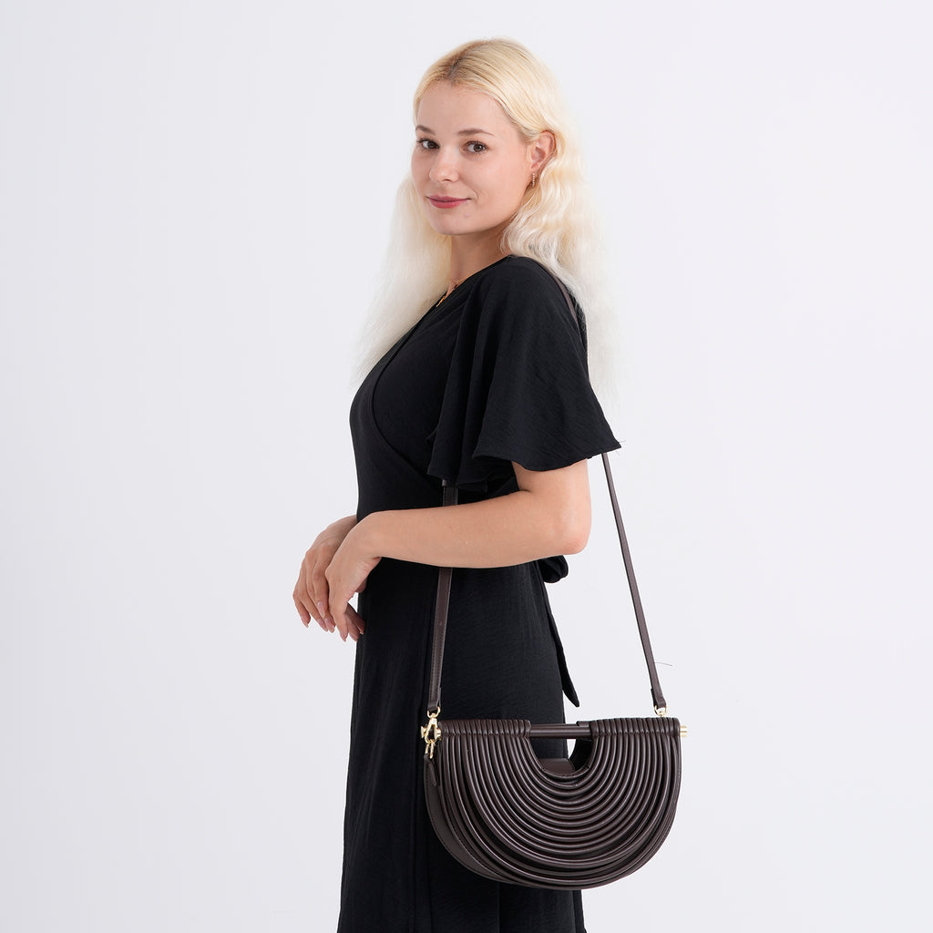Two-Tone Noodle Designed Clutch Handbag with Shoulder Strap - Dark Coffee_8498648_2