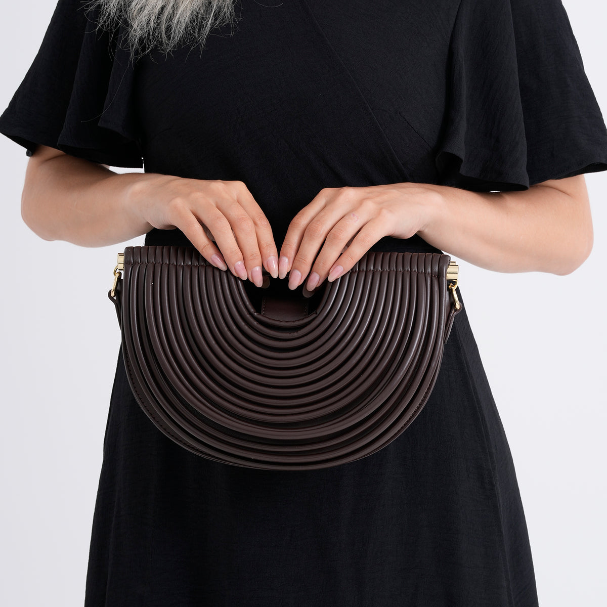 Two-Tone Noodle Designed Clutch Handbag with Shoulder Strap - Dark Coffee V32598008 4