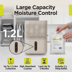 Premium Moisture Absorber White - 1.2L Capacity Dehumidifier with 2 x 700g Refills for Caravans, Cupboards and Bathrooms