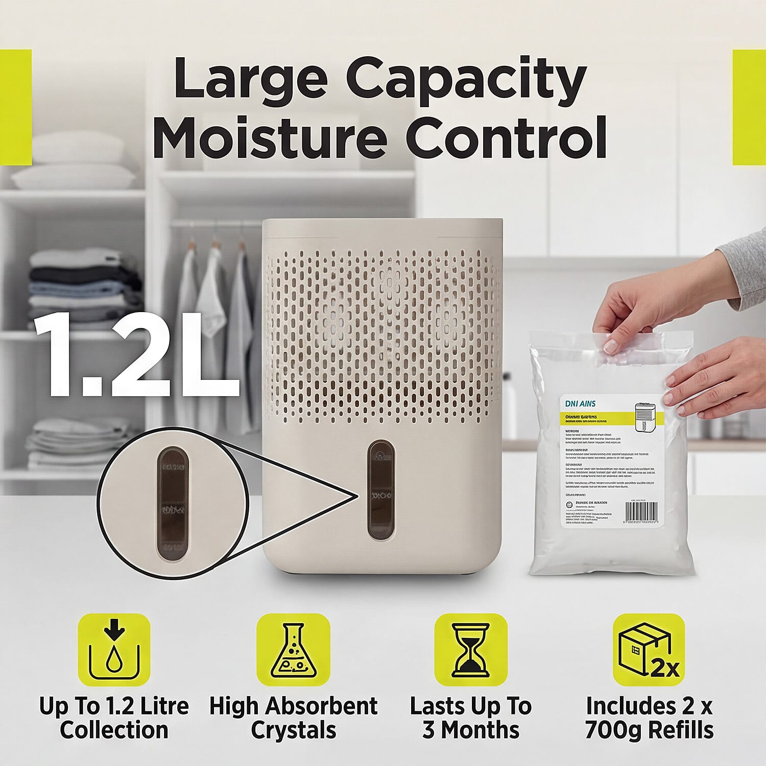 Premium Moisture Absorber White - 1.2L Capacity Dehumidifier with 2 x 700g Refills for Caravans, Cupboards and Bathrooms 8498693 2