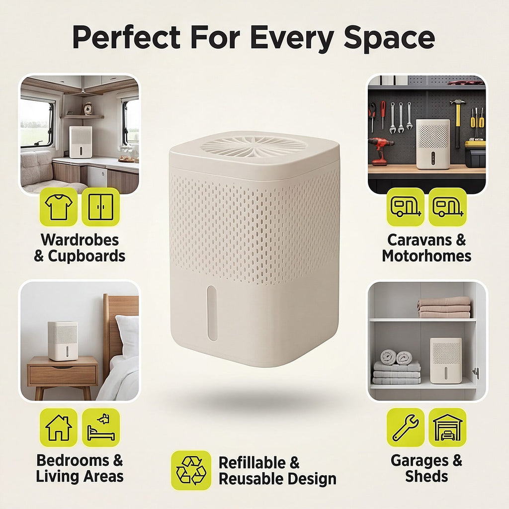 Premium Moisture Absorber White - 1.2L Capacity Dehumidifier with 2 x 700g Refills for Caravans, Cupboards and Bathrooms