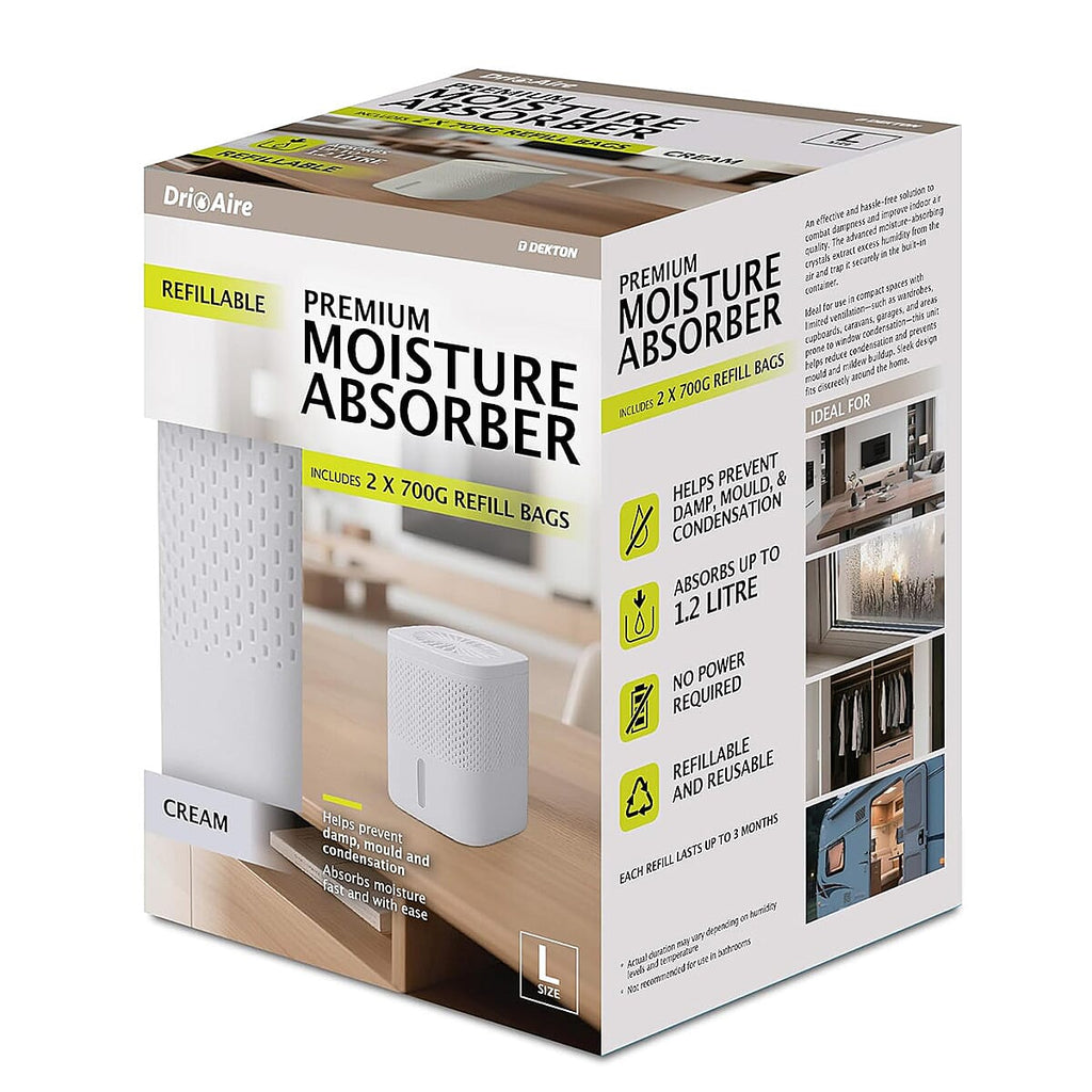 Premium Moisture Absorber White - 1.2L Capacity Dehumidifier with 2 x 700g Refills for Caravans, Cupboards and Bathrooms