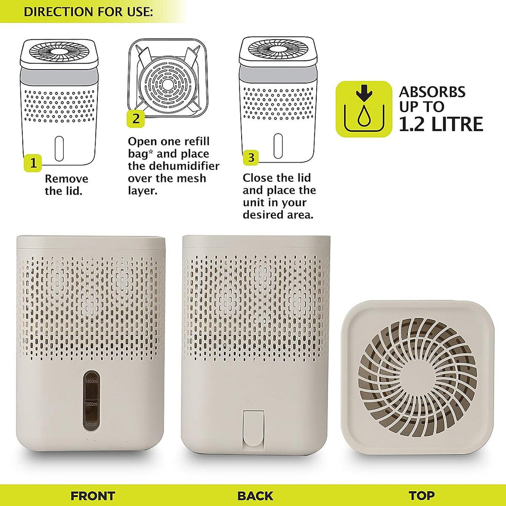 Premium Moisture Absorber White - 1.2L Capacity Dehumidifier with 2 x 700g Refills for Caravans, Cupboards and Bathrooms