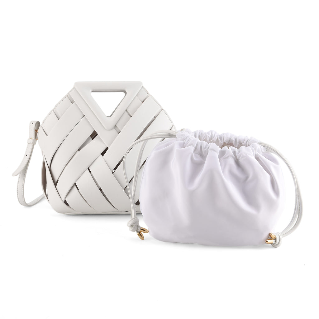 Designer Triangle Handle Clutch Handbag with Removable Pouch & Adjustable Shoulder Strap - White_8498705