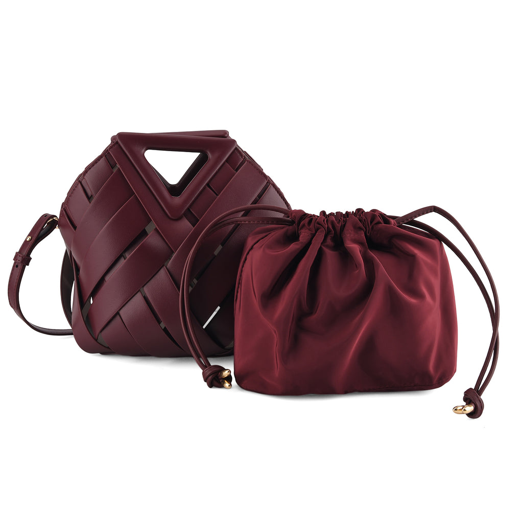 Designer Triangle Handle Clutch Handbag with Removable Pouch & Adjustable Shoulder Strap - Burgundy_8498706
