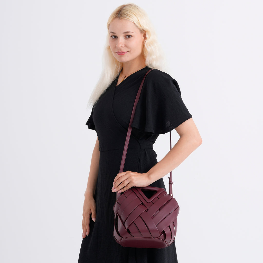 Designer Triangle Handle Clutch Handbag with Removable Pouch & Adjustable Shoulder Strap - Burgundy_8498706_2