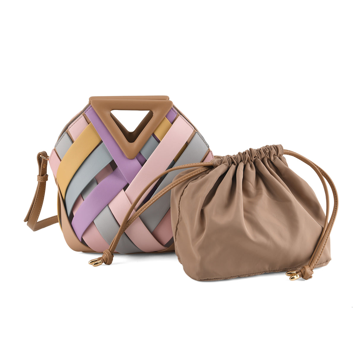 Designer Triangle Handle Clutch Handbag with Removable Pouch &amp; Adjustable Shoulder Strap - Multi Colour V32519033 0