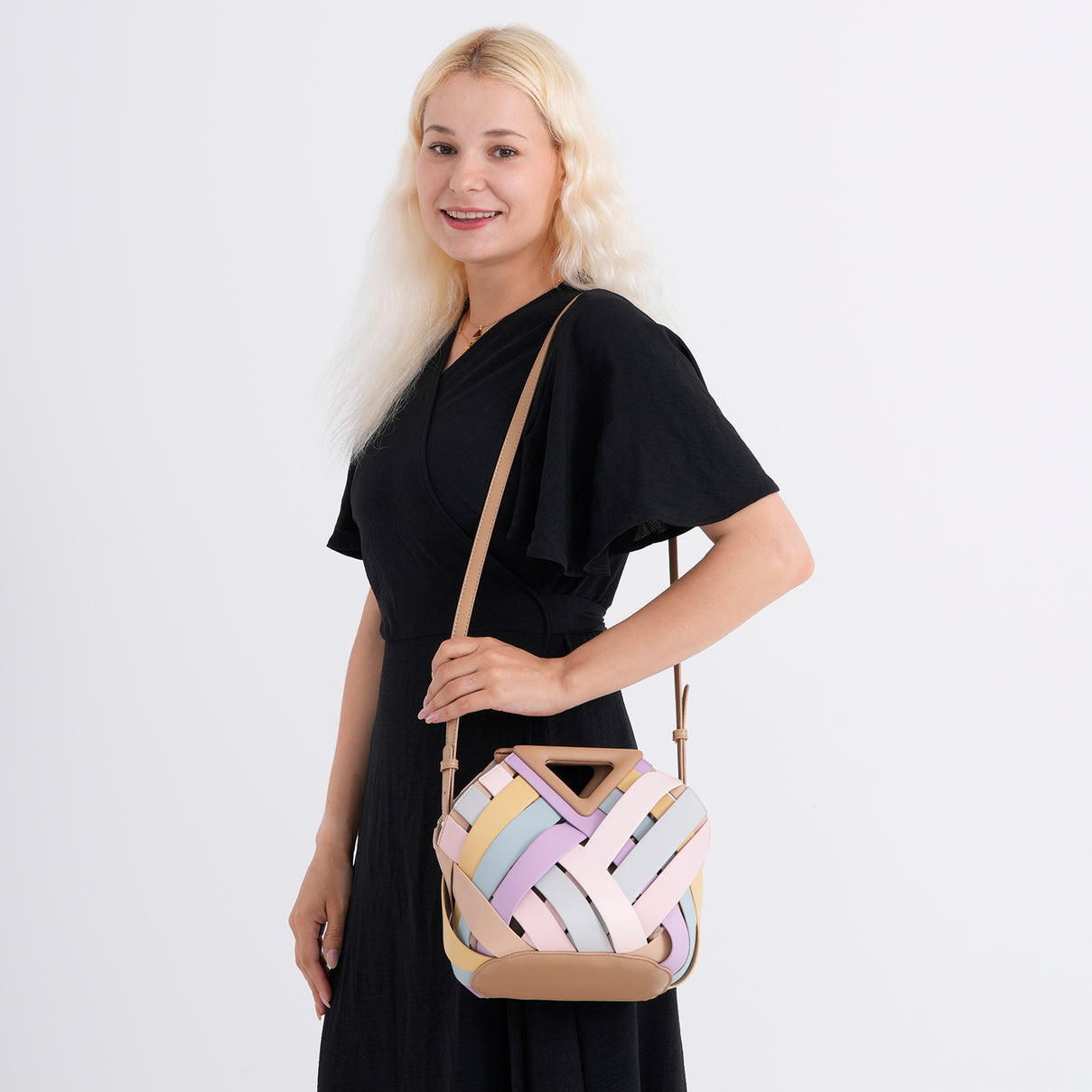 Designer Triangle Handle Clutch Handbag with Removable Pouch &amp; Adjustable Shoulder Strap - Multi Colour V32519033 3