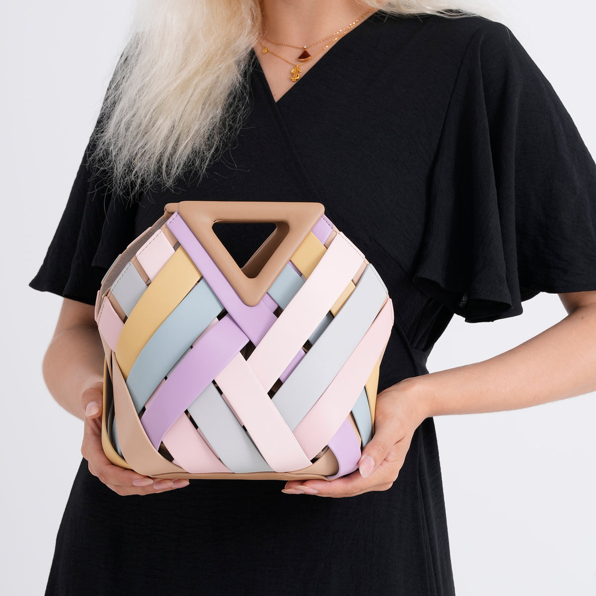Designer Triangle Handle Clutch Handbag with Removable Pouch &amp; Adjustable Shoulder Strap - Multi Colour V32519033 4
