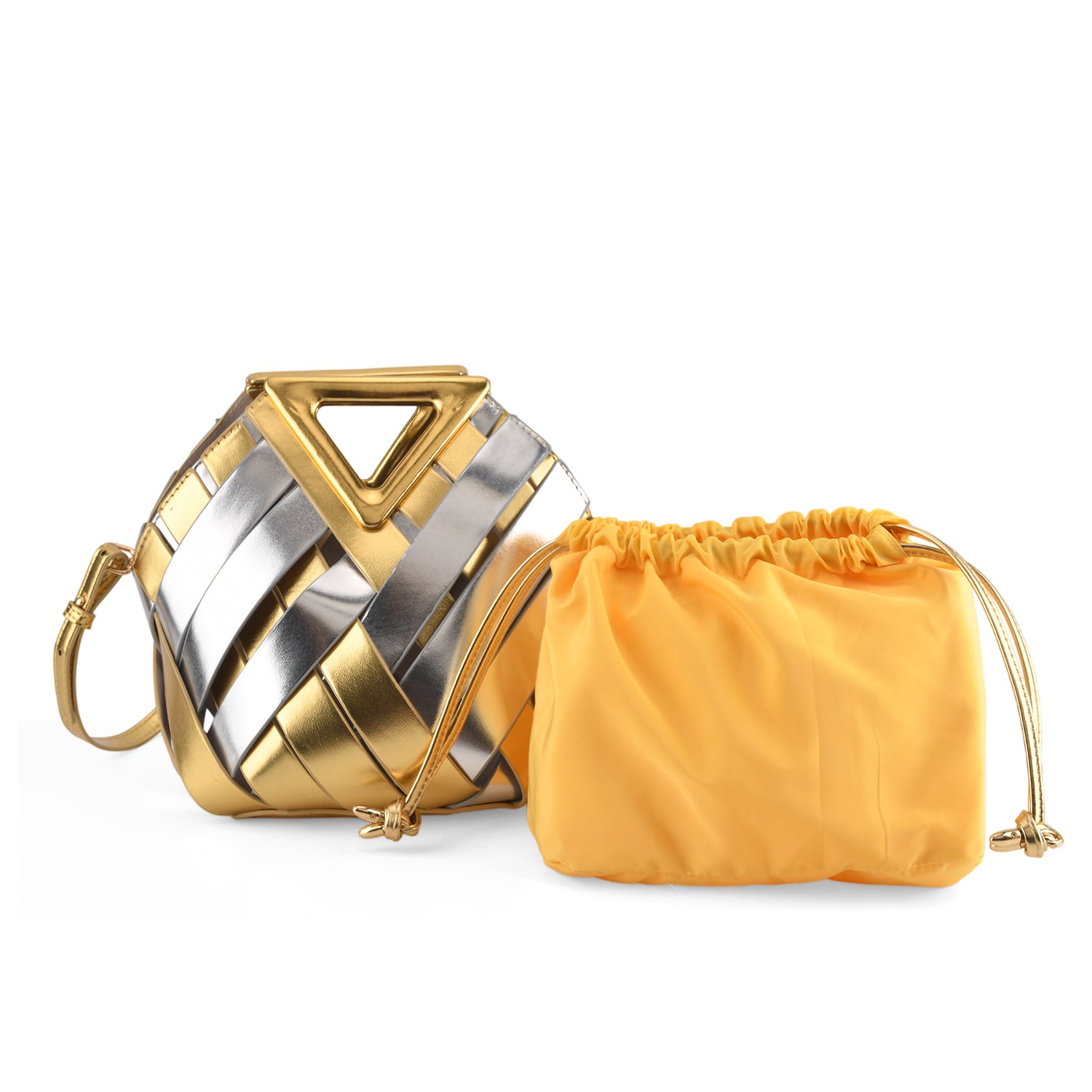 Designer Triangle Handle Clutch Handbag with Removable Pouch &amp; Adjustable Shoulder Strap - Silver &amp; Gold V32519992 0