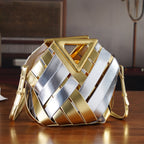 Designer Triangle Handle Clutch Handbag with Removable Pouch & Adjustable Shoulder Strap - Silver & Gold_8498708_1