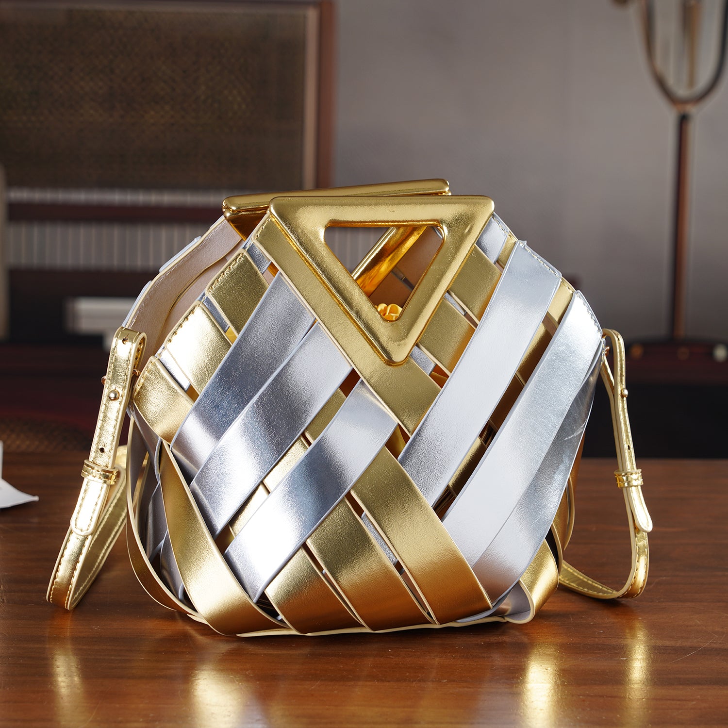 Designer Triangle Handle Clutch Handbag with Removable Pouch &amp; Adjustable Shoulder Strap - Silver &amp; Gold V32519992 2