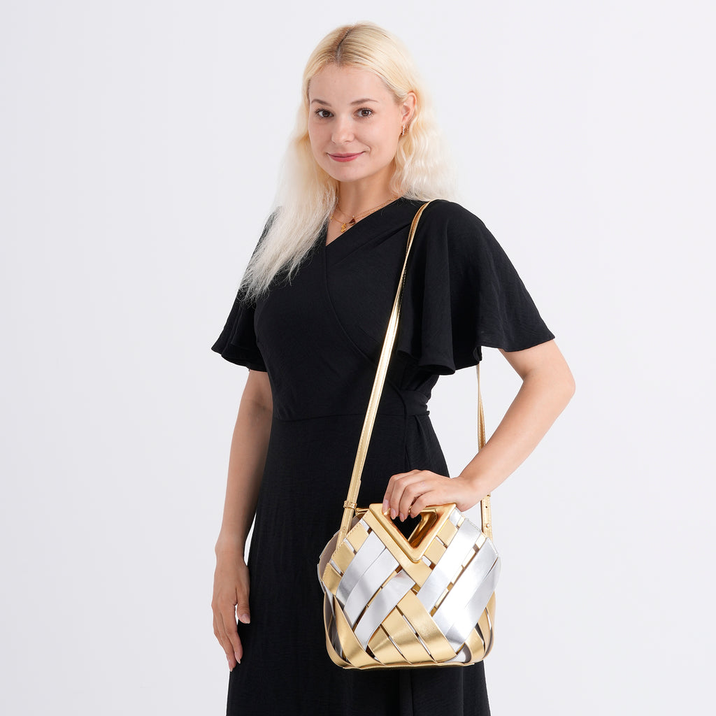 Designer Triangle Handle Clutch Handbag with Removable Pouch & Adjustable Shoulder Strap - Silver & Gold_8498708_2