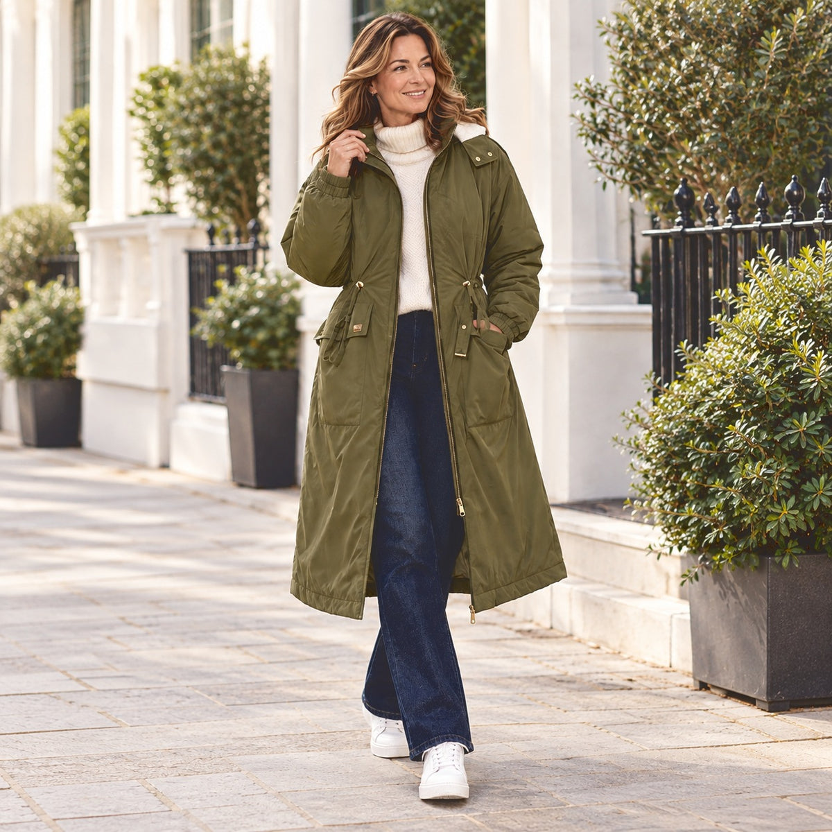 Charlotte West Ladies Long Sheroa Lined Jacket (Size 12) - Olive &amp; Cream 8498768 0