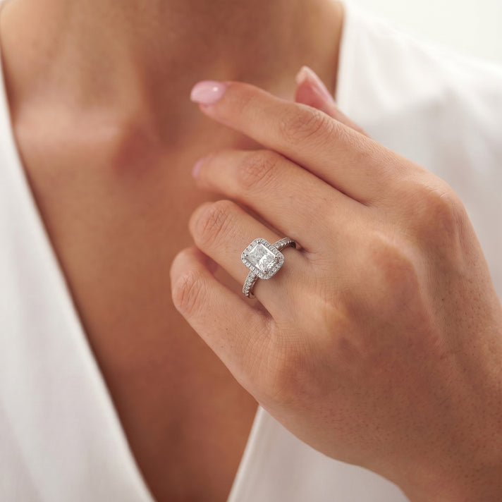 LUXURIANT 1.25 Ct. Lab Grown Diamond Emerald-Cut Halo Ring in Rhodium Overlay Sterling Silver SGL Certified (SI-G-H) 8499323 2