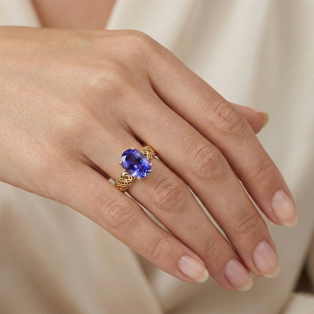 The Legacy Collection - 9K Yellow Gold AAA Tanzanite Solitaire Handmade Mirage Oval Ring 2.00 Ct._8499761_1