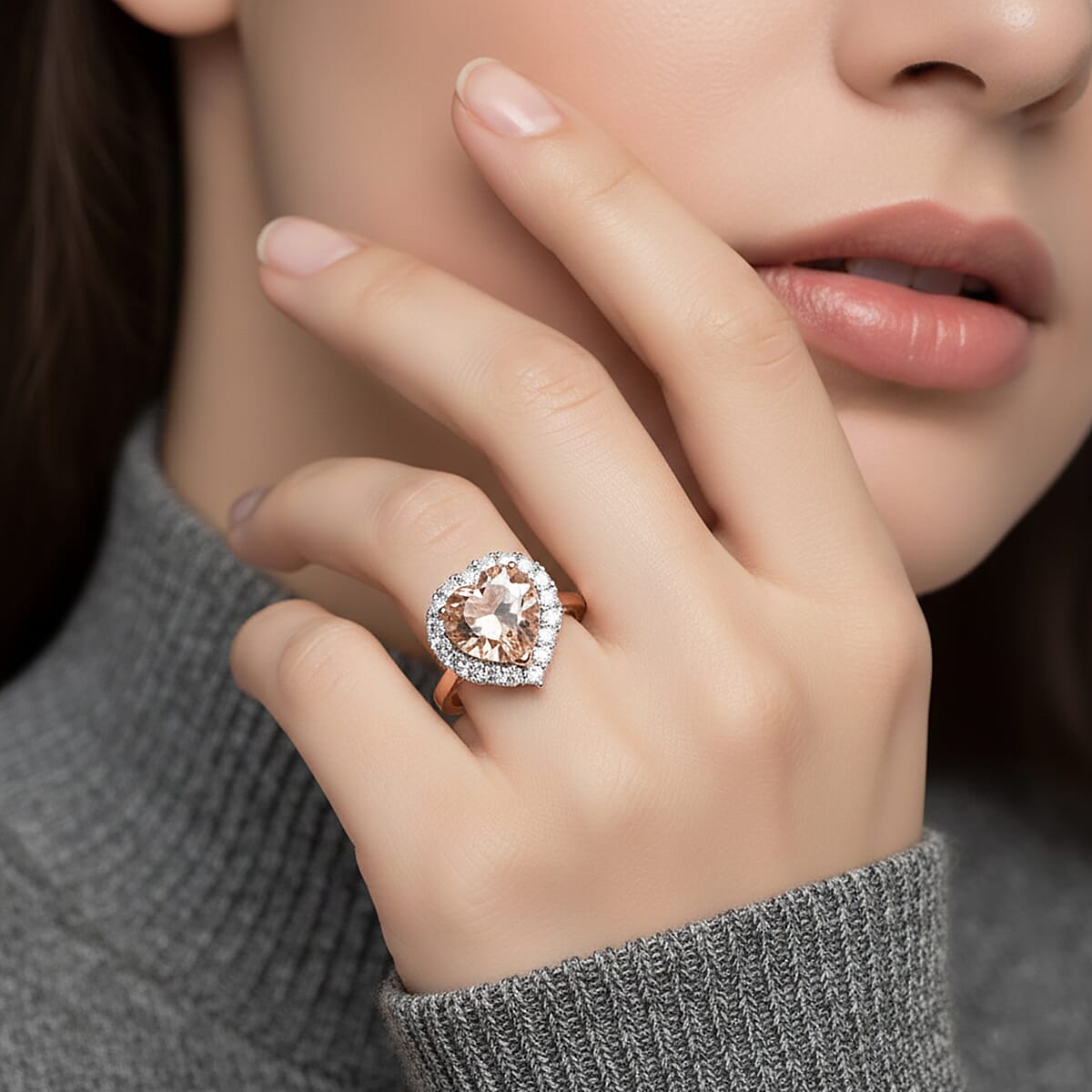 Luxuriant 10K Rose Gold AAA Morganite, Lab Grown Diamond GH, SI Halo Ring, Gold Wt.3.33 Gms  4.760  Ct. 8499814 2