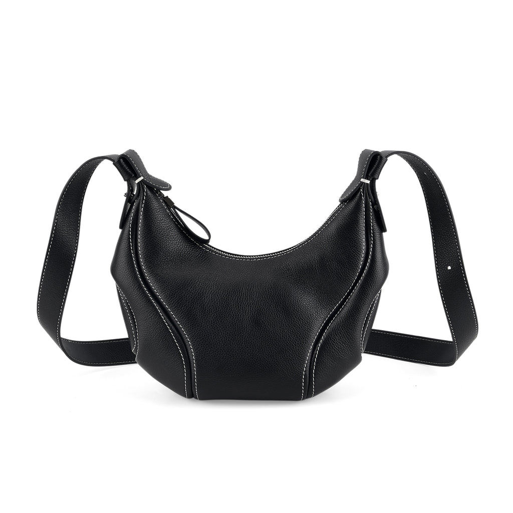 Genuine Leather 2-in-1 Slouchy Crescent Hobo & Convertible Crossbody Shoulder Bag - Black_8499862