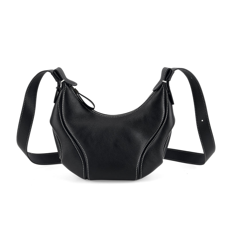 Genuine Leather 2-in-1 Slouchy Crescent Hobo & Convertible Crossbody Shoulder Bag - Black_8499862