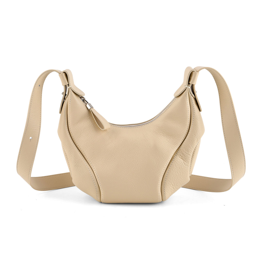 Genuine Leather 2-in-1 Slouchy Crescent Hobo & Convertible Crossbody Shoulder Bag - Off White_8499863