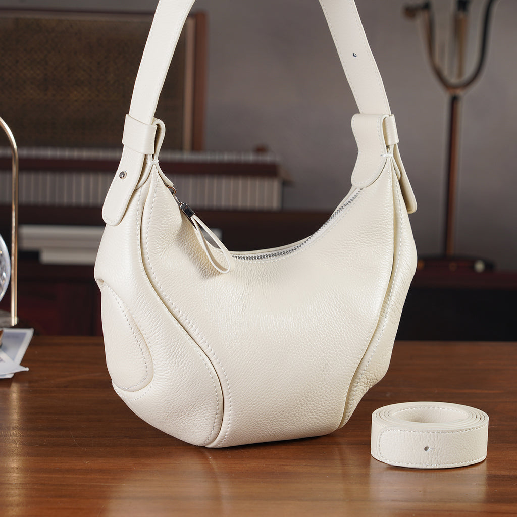 Genuine Leather 2-in-1 Slouchy Crescent Hobo & Convertible Crossbody Shoulder Bag - Off White_8499863_1