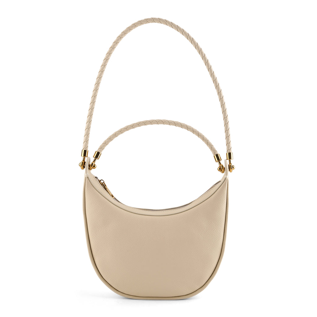 Genuine Leather Crescent Shoulder Bag with Curved Top Handle - White_8499876