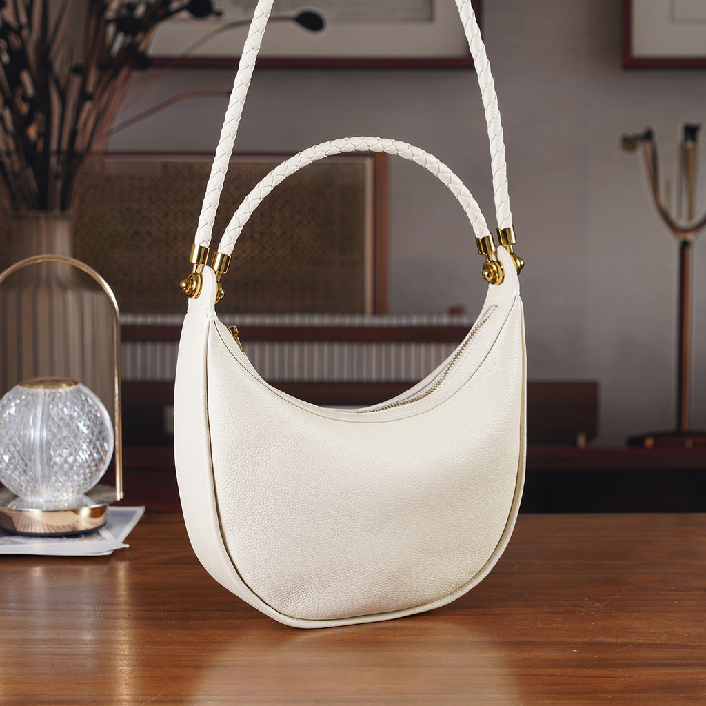 Genuine Leather Crescent Shoulder Bag with Curved Top Handle - White_8499876_1