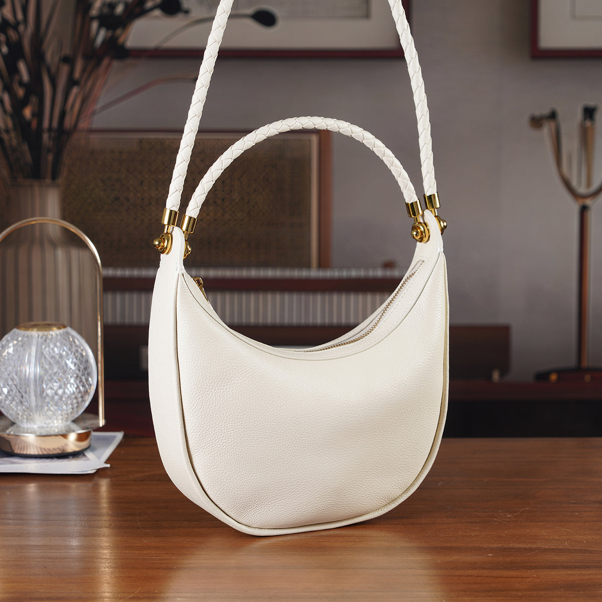 Genuine Leather Crescent Shoulder Bag with Curved Top Handle - White 8499876 2