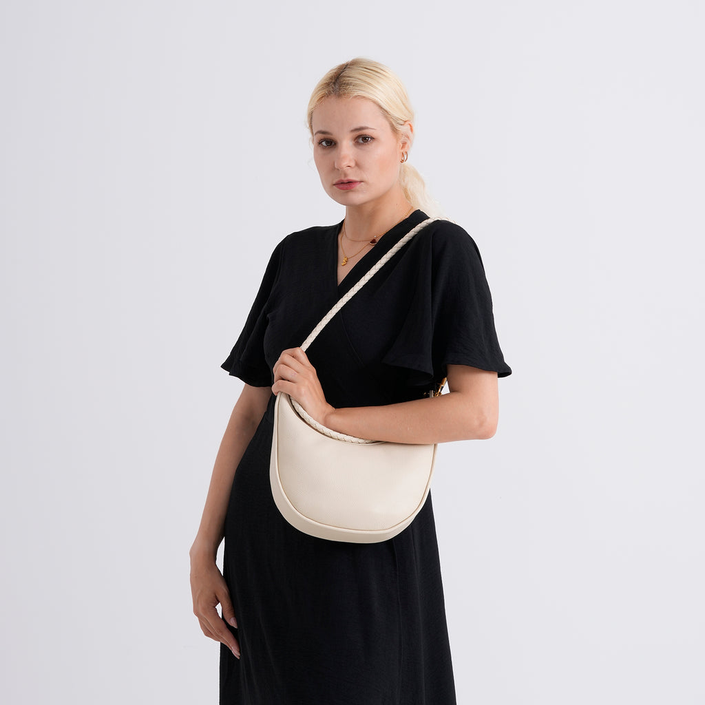 Genuine Leather Crescent Shoulder Bag with Curved Top Handle - White_8499876_2