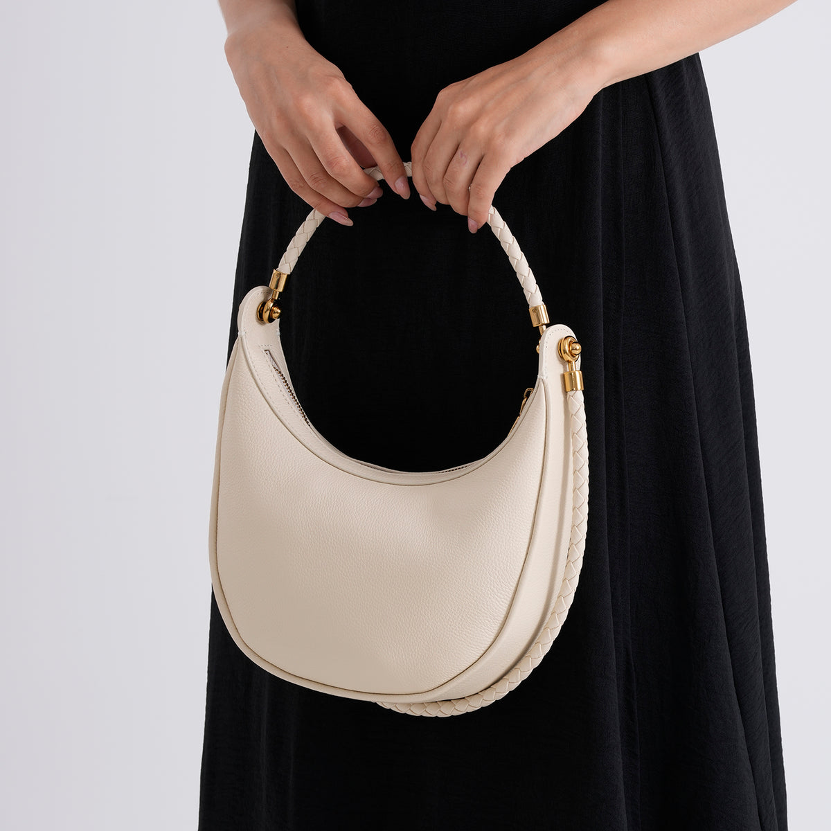 Genuine Leather Crescent Shoulder Bag with Curved Top Handle - White 8499876 4