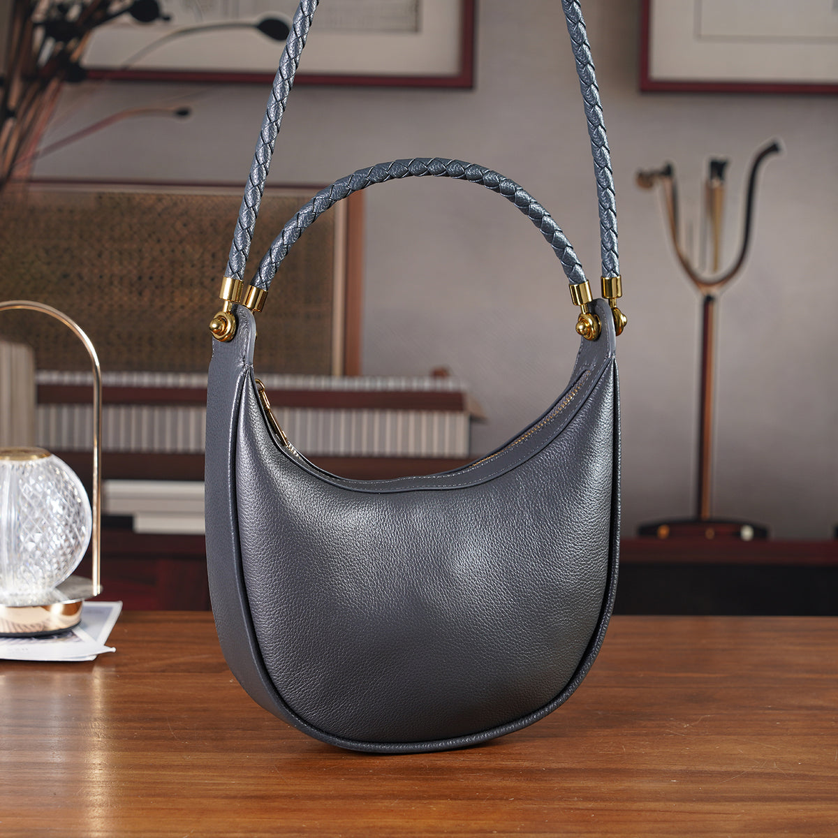 Genuine Leather Crescent Shoulder Bag with Curved Top Handle - Grey V32719351 5