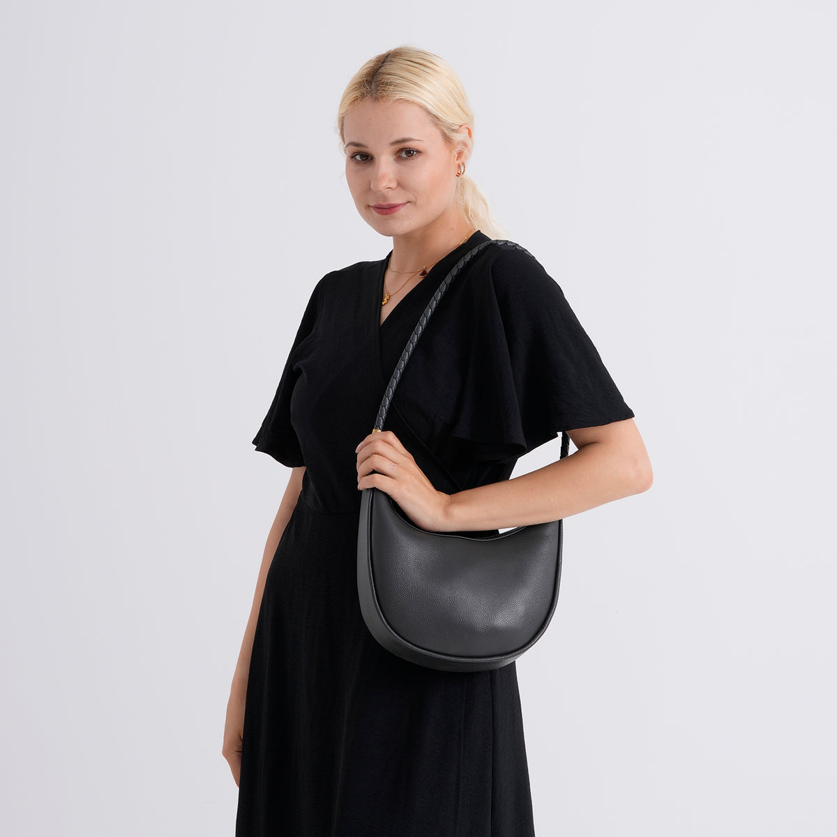Genuine Leather Crescent Shoulder Bag with Curved Top Handle - Grey V32719351 6