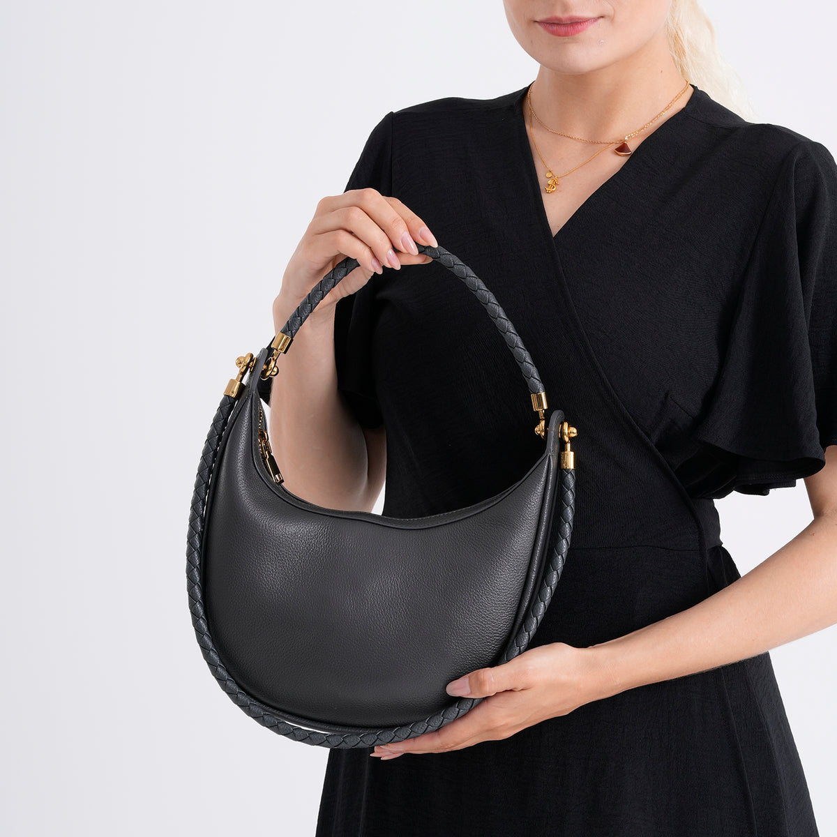 Genuine Leather Crescent Shoulder Bag with Curved Top Handle - Grey V32719351 7