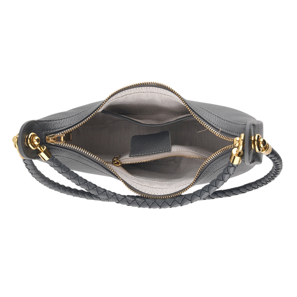 Genuine Leather Crescent Shoulder Bag with Curved Top Handle - Grey_8499877_5