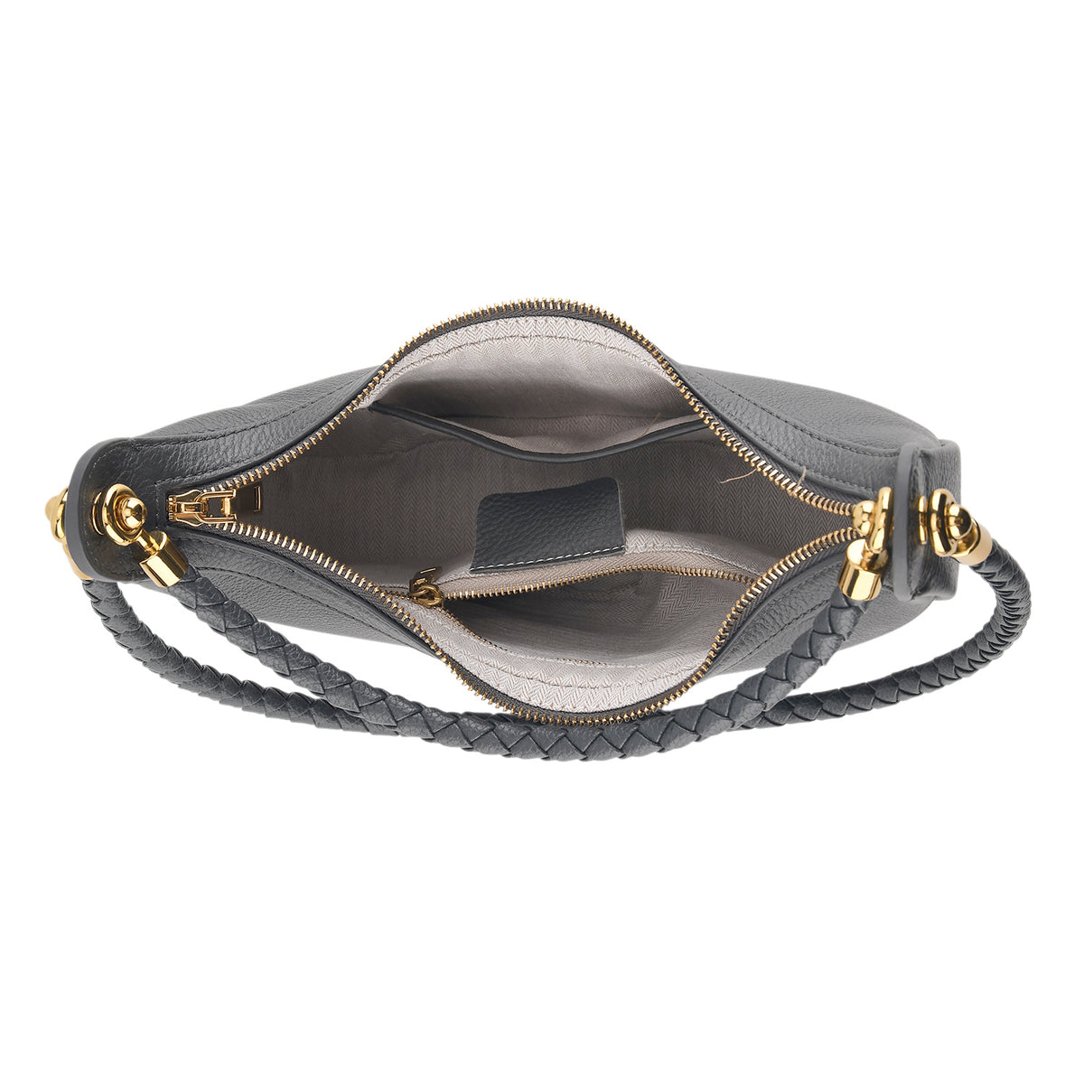 Genuine Leather Crescent Shoulder Bag with Curved Top Handle - Grey V32719351 3