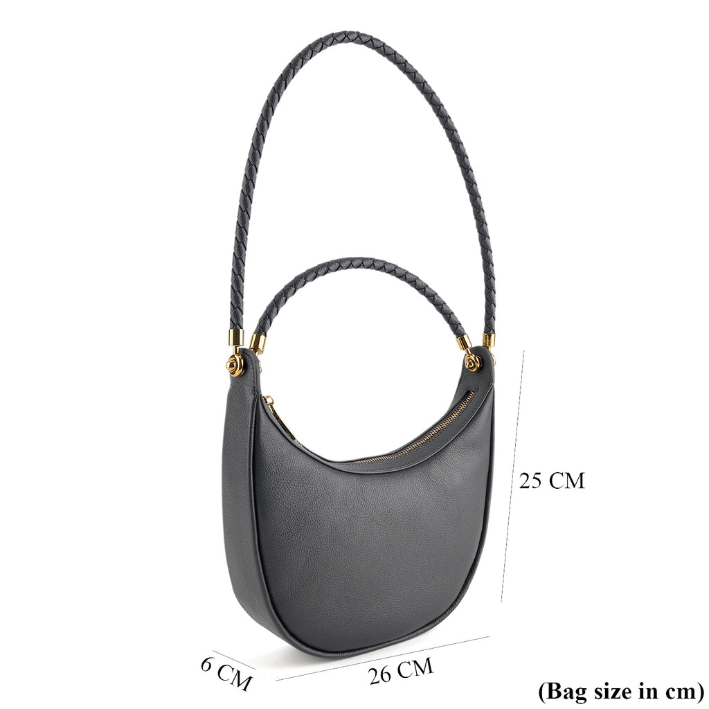 Genuine Leather Crescent Shoulder Bag with Curved Top Handle - Grey_8499877_6