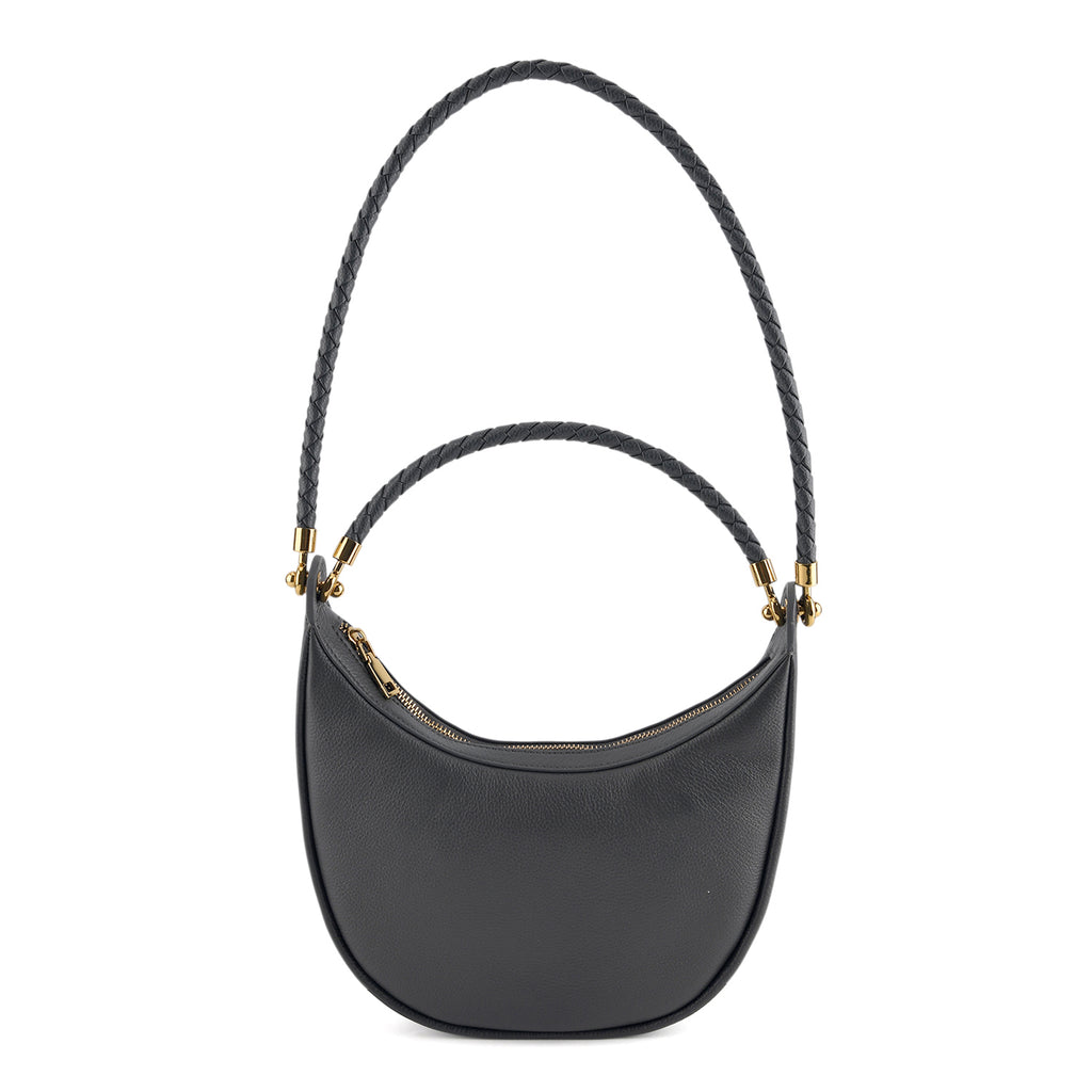 Genuine Leather Crescent Shoulder Bag with Curved Top Handle - Grey_8499877