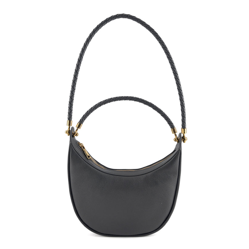 Genuine Leather Crescent Shoulder Bag with Curved Top Handle - Grey_8499877