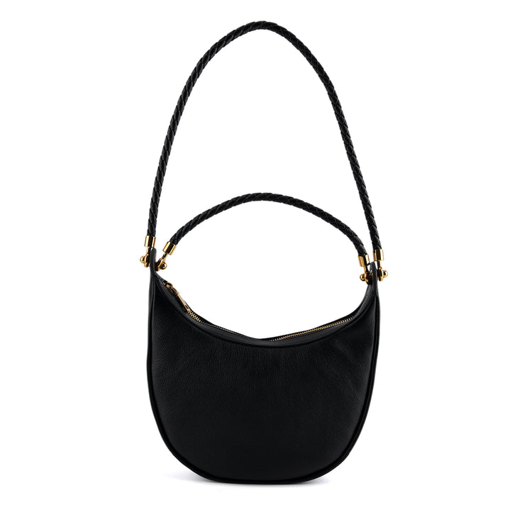 Genuine Leather Crescent Shoulder Bag with Curved Top Handle - Black 8499878 1