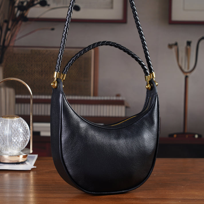 Genuine Leather Crescent Shoulder Bag with Curved Top Handle - Black 8499878 2