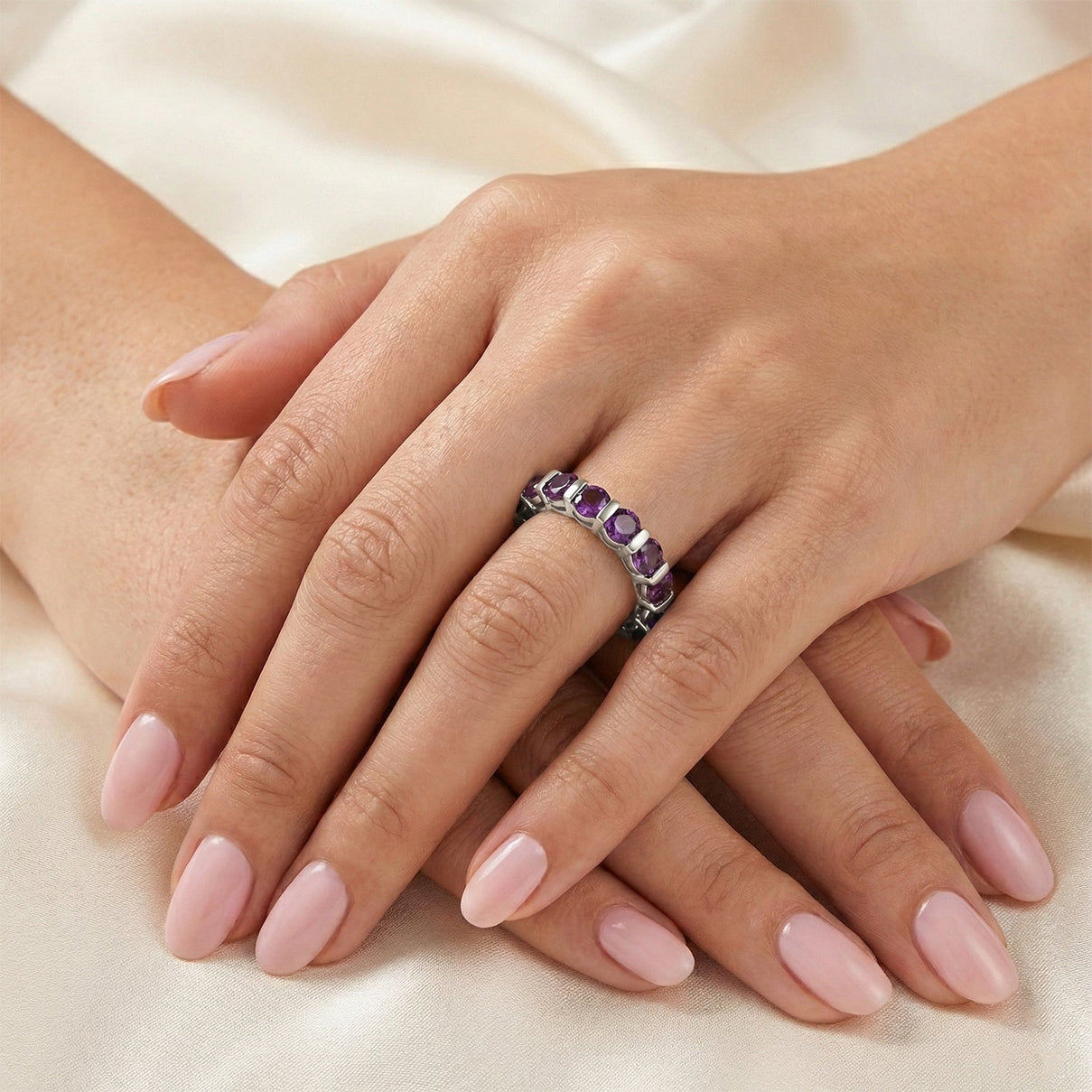 D'Joy AAA African Amethyst Full Eternity Band Ring in Platinum Overlay Sterling Silver 3.85 Ct. V32356662 2