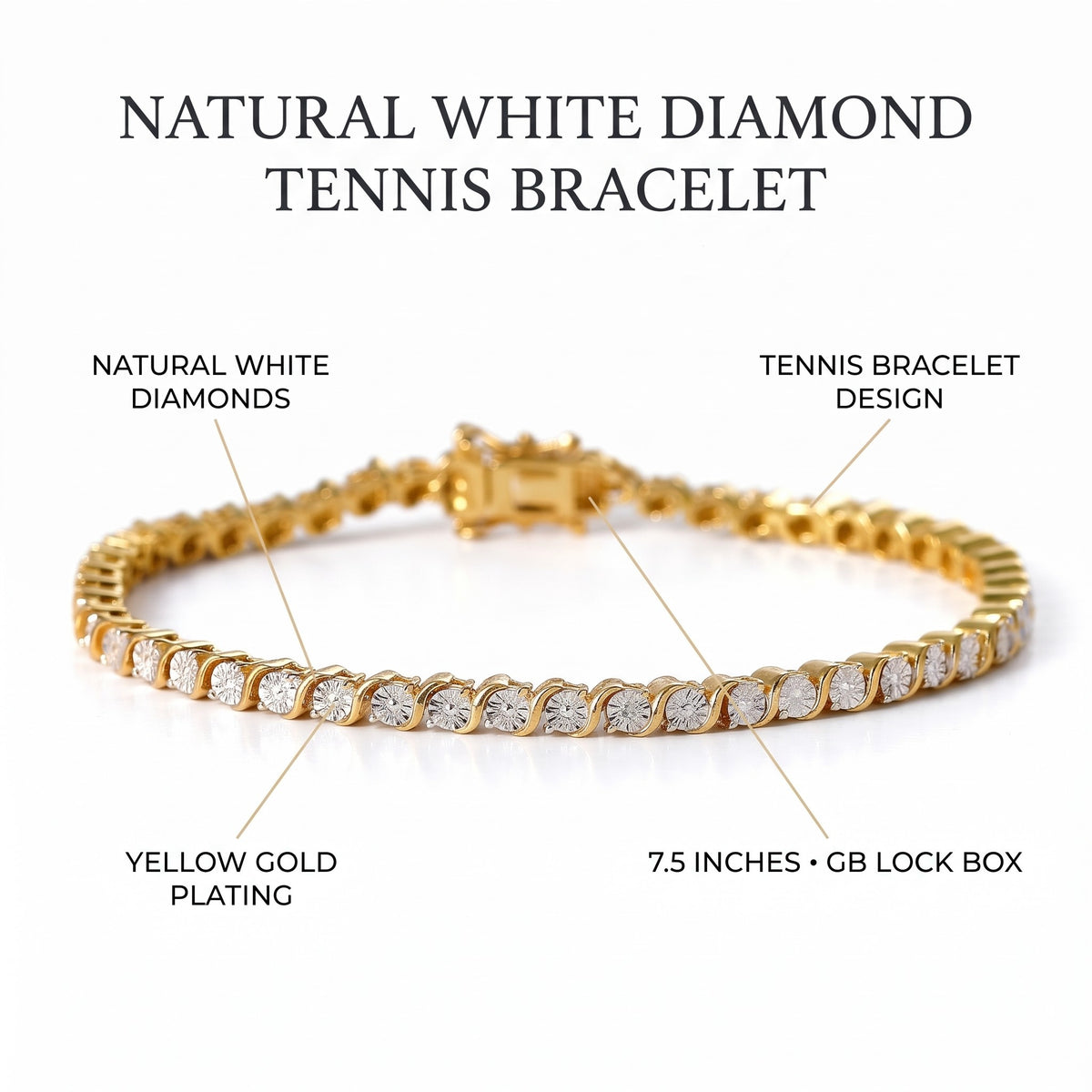 EverTrue Natural White Diamond Tennis Bracelet with GB Lock Box in Yellow Gold Plating 7.5 Inch V32722587 6
