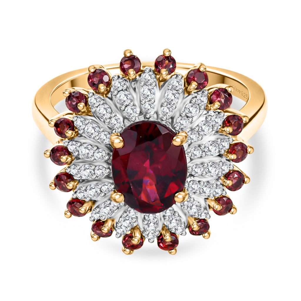 ONE TO OWN - D'Joy Rhodolite Garnet & White Zircon Floral Cluster Ring in 18K Vermeil Yellow Gold Plated Sterling Silver 2.58 Ct._8500452