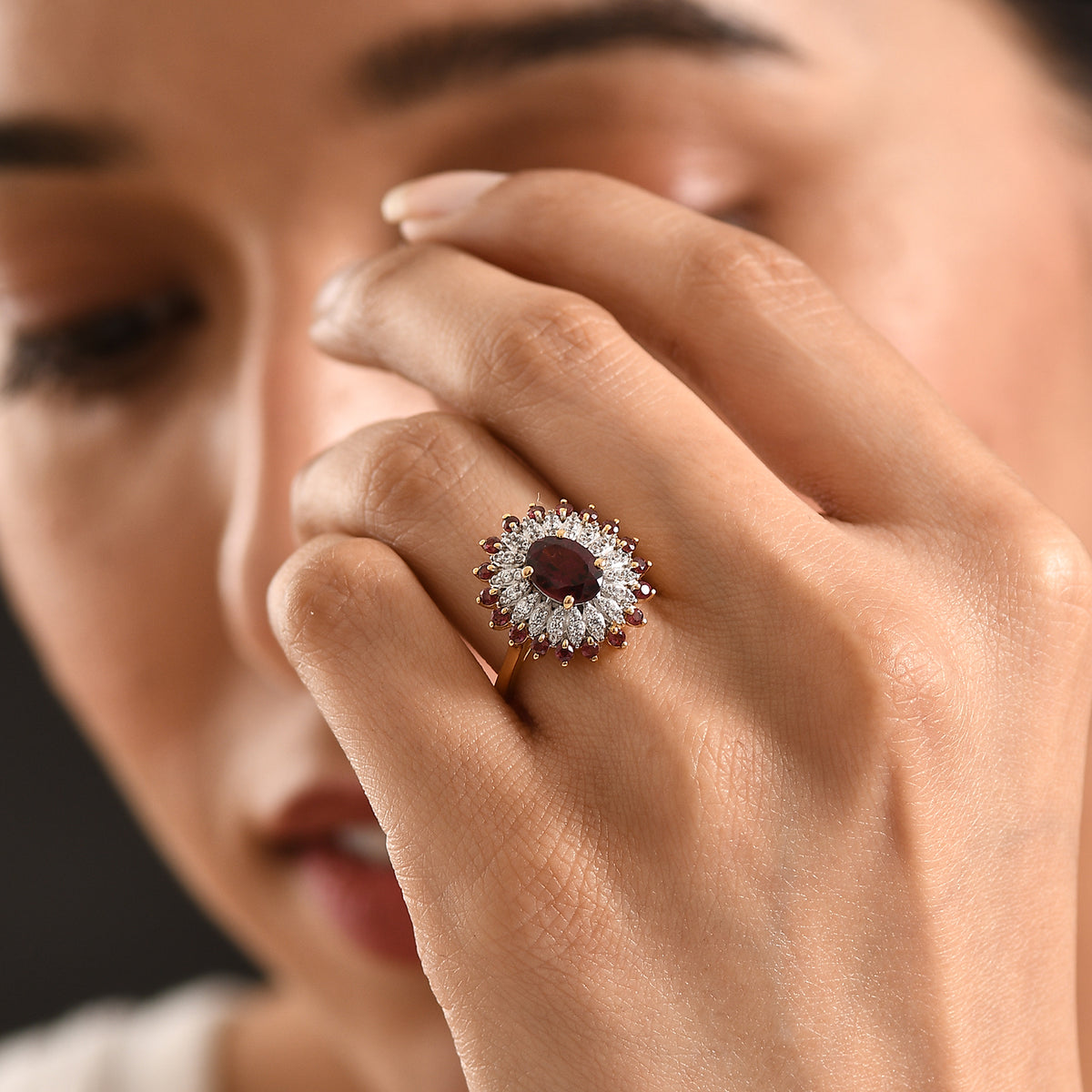 ONE TO OWN - D'Joy Rhodolite Garnet &amp; White Zircon Floral Cluster Ring in 18K Vermeil Yellow Gold Plated Sterling Silver 2.58 Ct. V32540286 2