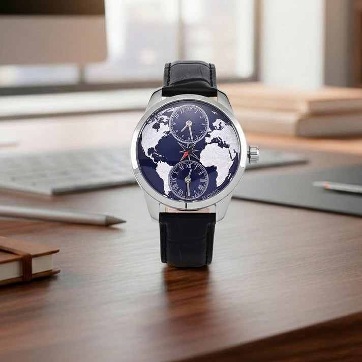 William Hunt Dual Time Automatic Mechanical Movement 5ATM WR 3D Spherical Earth Dial Stainless Steel Case Mens Watch with Black Genuine Leather Strap 8500551 2