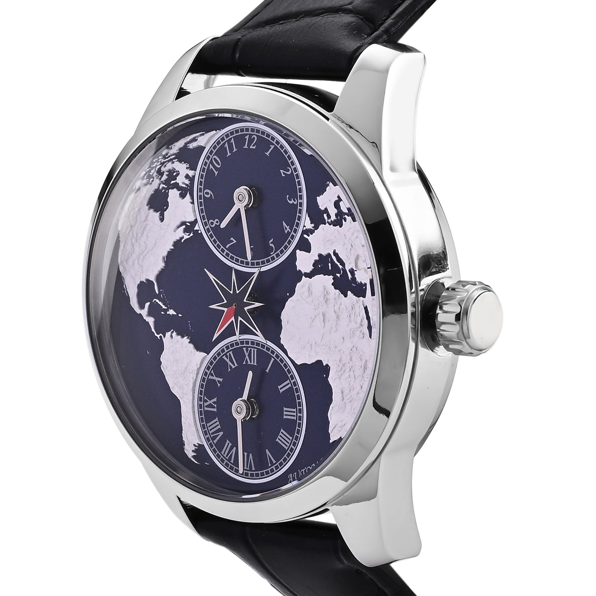 William Hunt Dual Time Automatic Mechanical Movement 5ATM WR 3D Spherical Earth Dial Stainless Steel Case Mens Watch with Black Genuine Leather Strap 8500551 3