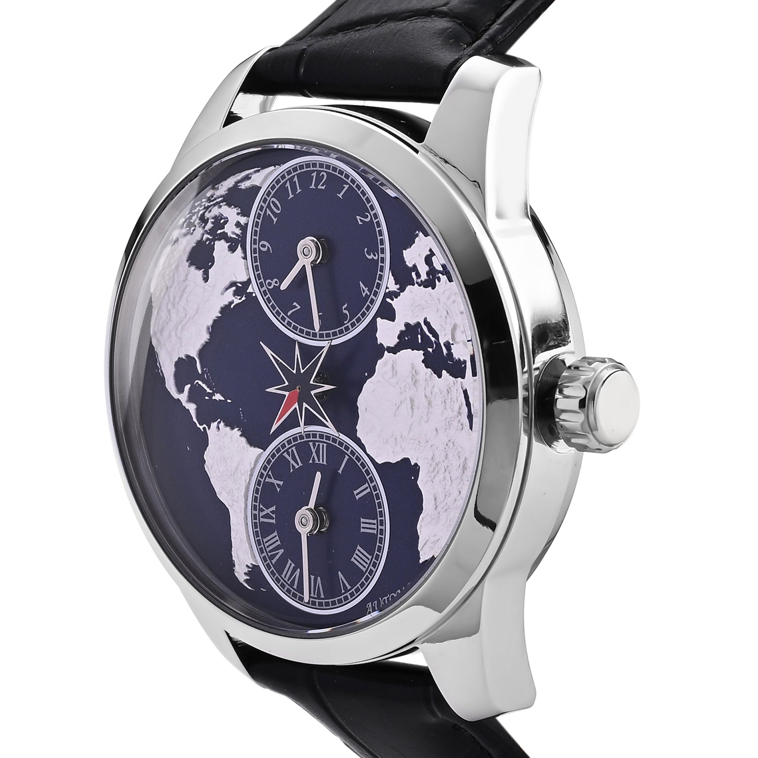 William Hunt Dual Time Automatic Mechanical Movement 5ATM WR 3D Spherical Earth Dial Stainless Steel Case Mens Watch with Black Genuine Leather Strap 8500551 3