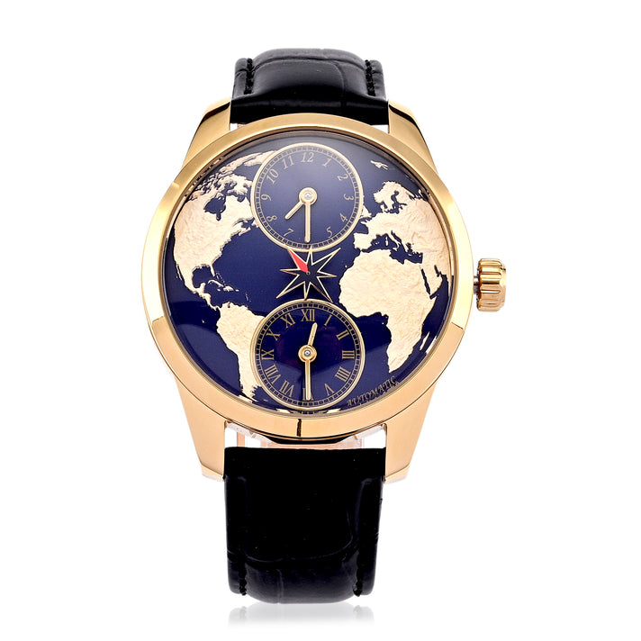William Hunt Dual Time Automatic Mechanical Movement 5ATM WR 3D Spherical Earth Dial Gold Tone Stainless Steel Case Mens Watch with Black Genuine Leather Strap 8500553 1